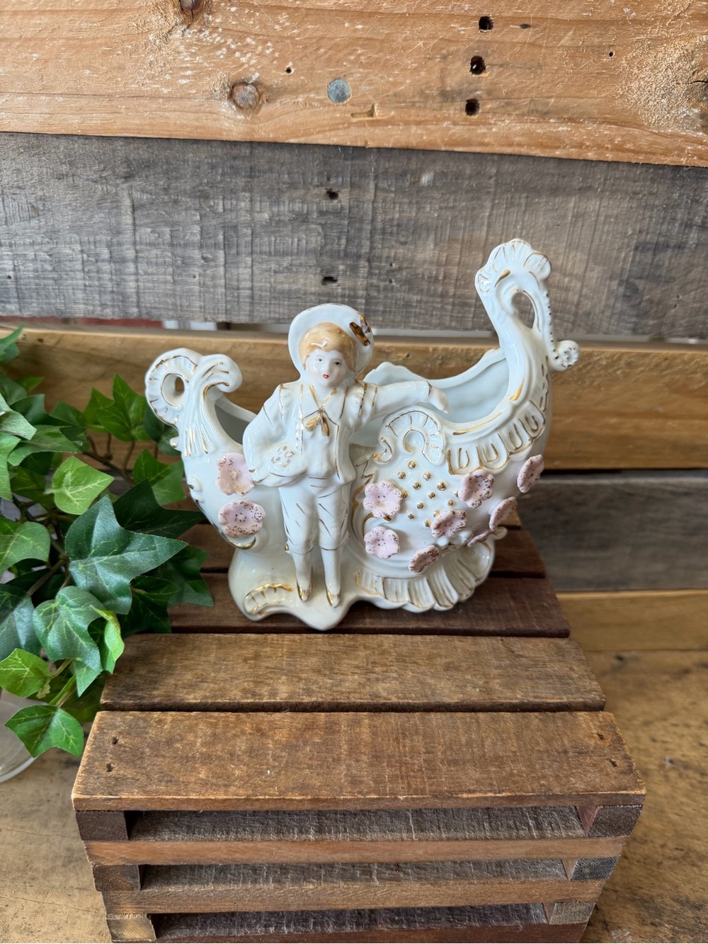 Porcelain Figurine Sleigh-Shaped Planter Figurine with Pink Floral Accents
